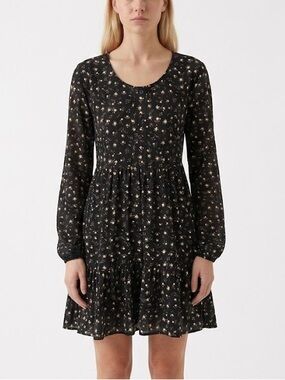 URBAN Black Floral Tiered Flowy Scoop Neck Cottagecore Summer Mini Dress - Small
